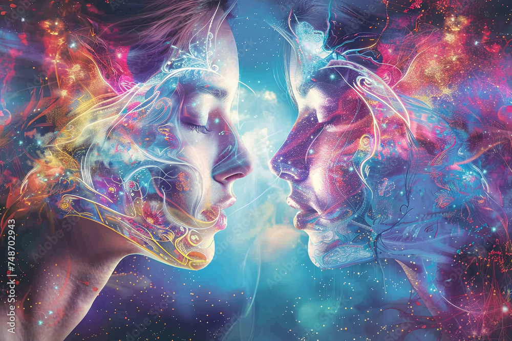 Surreal Portrait of Faces with Cosmic Energy and Abstract Stardust, Artistic Representation of Human Connection and Universe Surreal Portrait of Faces with Cosmic Energy and Abstract Stardust, Artistic Representation of Human Connection and Universe