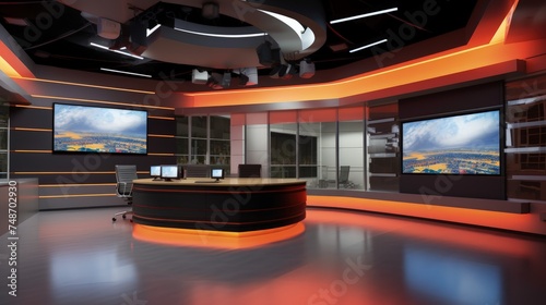 Modern news studio equipped with monitors.
