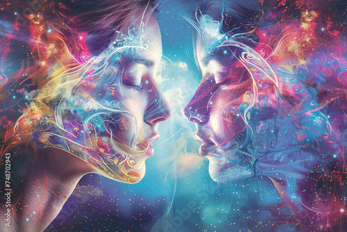 Surreal Portrait of Faces with Cosmic Energy and Abstract Stardust, Artistic Representation of Human Connection and Universe