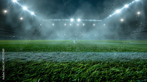soccer game in football stadium arena with spotlight, sport background, green grass field for competition champion match photo
