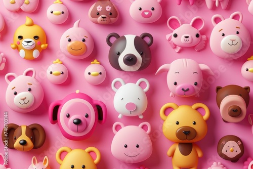 Assorted cute animal toy figures collection - A vibrant array of various cute animal toy figurines displayed on a pink background