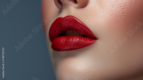 Portrait of woman with lipstick  wellness  makeup and beauty in a studio setting. The half-face portrait with lipstick  offering a makeover and a radiant glow. Skincare products and cosmetics 