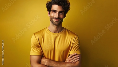 photograpy portrait a man with a curly hair and a neatly trimmed beard, wearing a plain vibrant yellow t-shirt
 photo