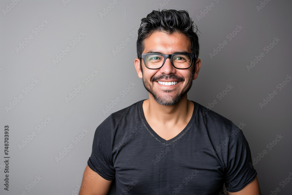 Fototapeta premium Captivating Portrait of a Smiling Man with Glasses: A Fusion of Casual Style and Genuine Happiness