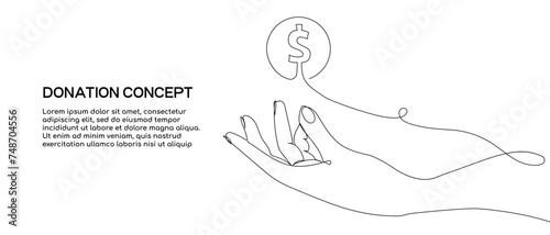 Donate, outstretched hand and coin with dollar sign. Concept of donation, help. Vector. Hand drawing in the style of one continuous line