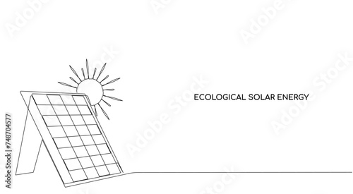 Ecological energy, solar panels with sun, green clean energy. Ecological power plant. One continuous line.