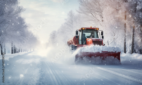 Tractor with a snow plow is plowing snow from a road during hard winter. © Filip