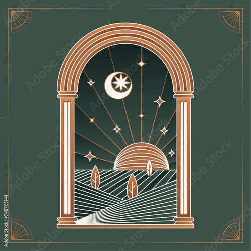 Boho frame arch vector illustration modern minimalistic retro aesthetic linear arc portal logo bohemian design element mystical geometric abstract border