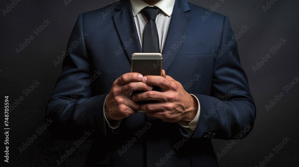 modern businessman in suit on black background holding phone icon, corporate professional with smartphone concept modern businessman in suit on black background holding phone icon, corporate professional with smartphone concept