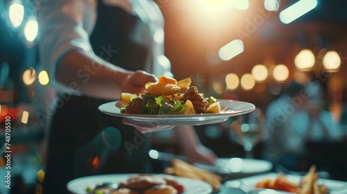 food stylist decorating meal for presentation in modern restaurant, closeup shot of waiter serving food