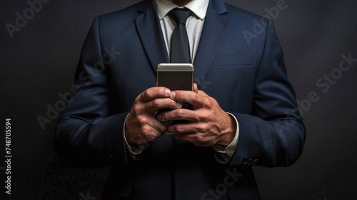 modern businessman in suit on black background holding phone icon, corporate professional with smartphone concept