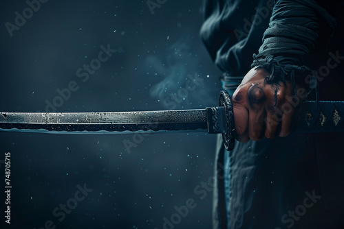 Close-up of a man's hand holding a katana on a dark background