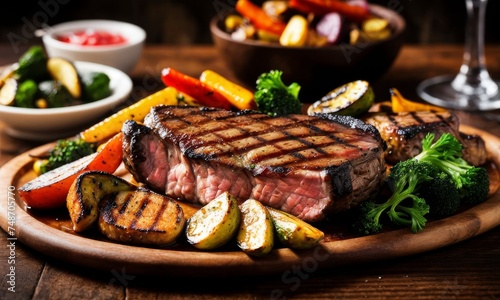 A beautifully grilled steak adorned with grill marks is served on a rustic wooden platter, surrounded by a medley of roasted vegetables, creating a visually stunning and mouthwatering meal. The