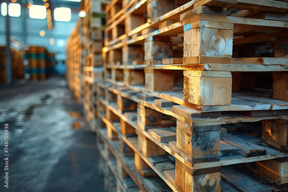 Wooden pallets for transportation of goods in the warehouse at sunset