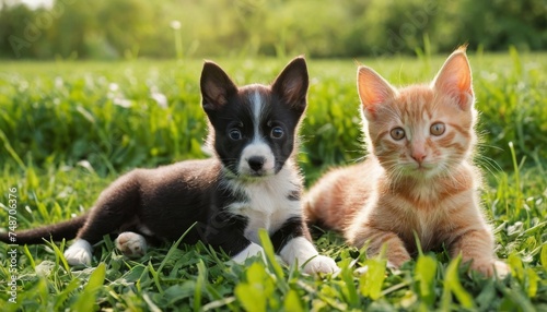 Black puppy and red kitten together © orelphoto