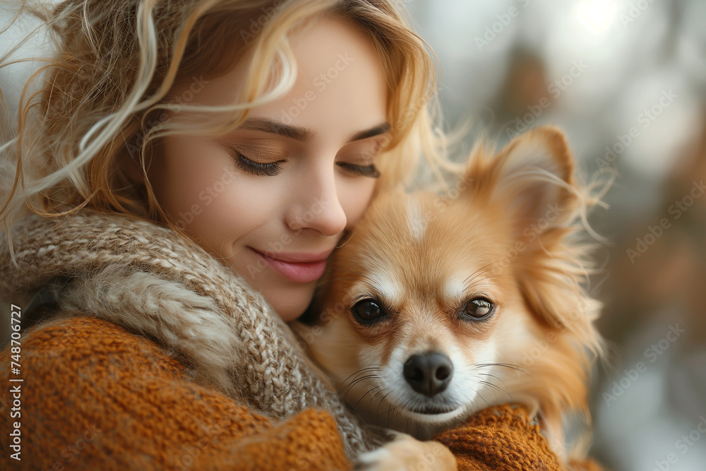 Portrait of a young beautiful girl with a chihuahua in winter Portrait of a young beautiful girl with a chihuahua in winter