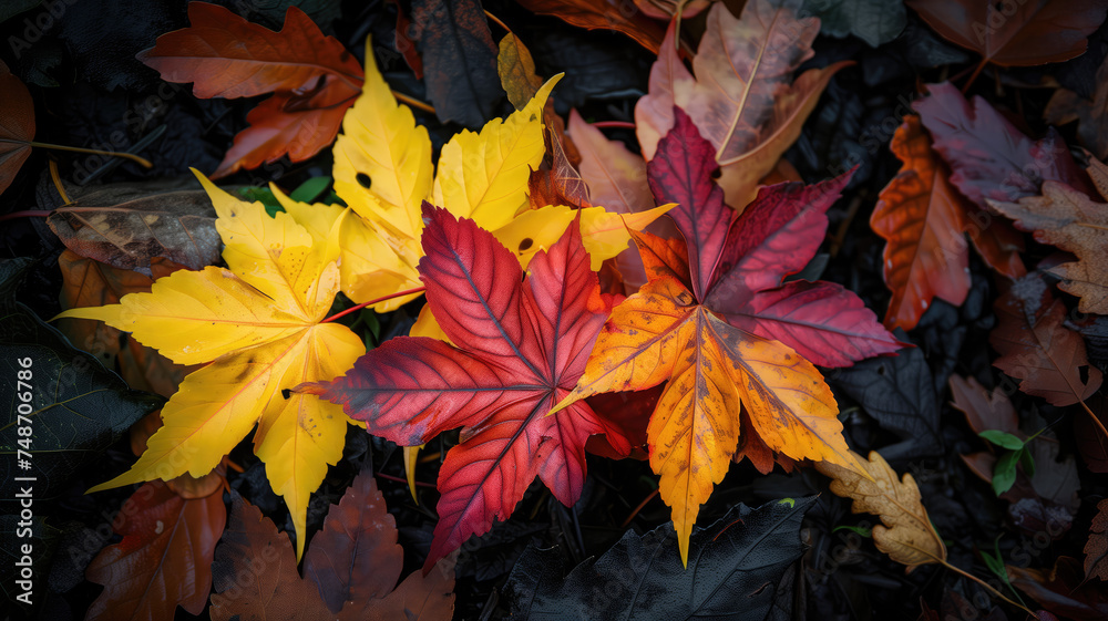 Beautiful yellow red and orange leaves in an autumn park Generative AI Beautiful yellow red and orange leaves in an autumn park Generative AI