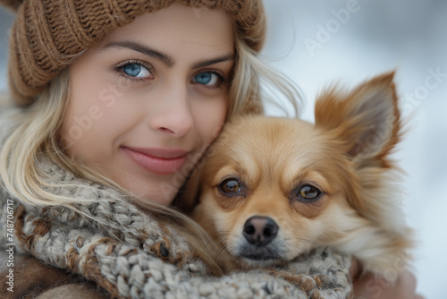 Portrait of a young beautiful girl with a chihuahua in winter