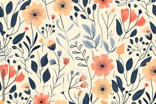 Seamless pattern with flowers and leaves. Vector illustration in flat style.