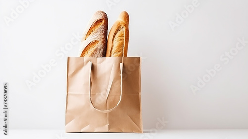 Paper bag with minim baguette on white background photo