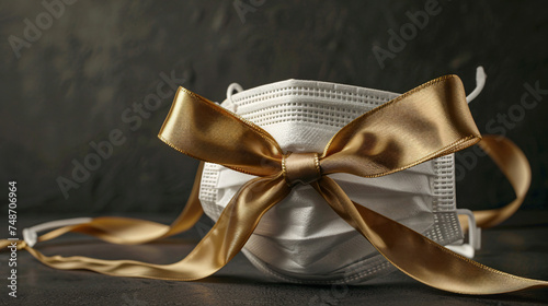Medical mask sealed and decorated with gold ribbon.