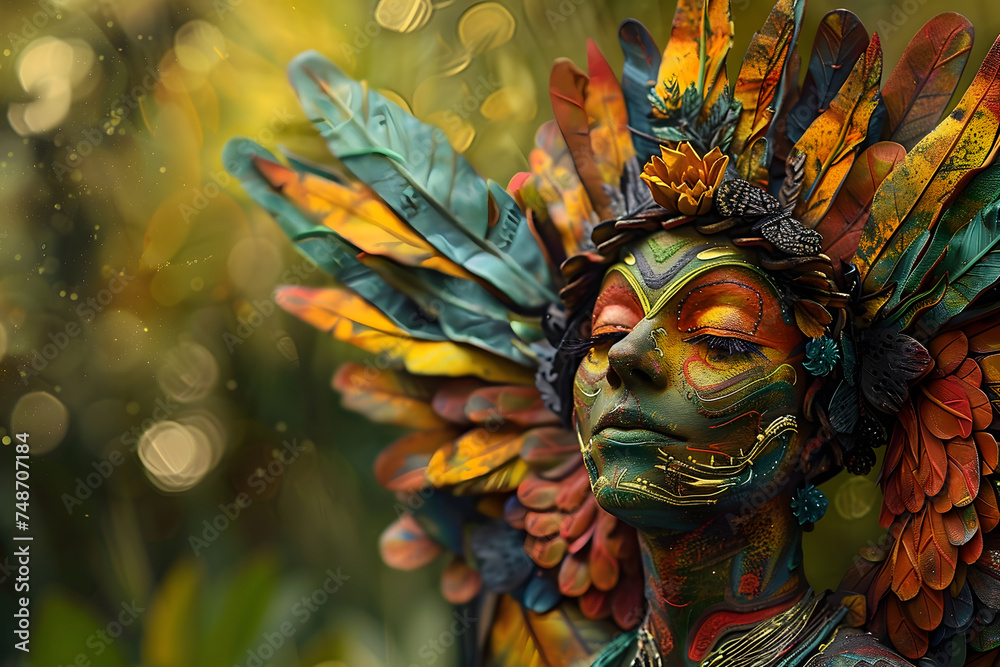 woman with painted face and hair with a very colorful feather headdress