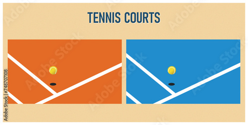 Detail of tennis ball bouncing on the angle of red and synthetic court