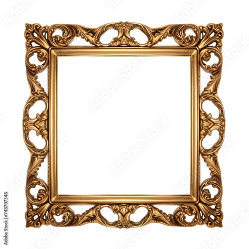 Elegant Antique Gold Square Picture Frame Isolated on White. Ornate Border for Your Precious Picture