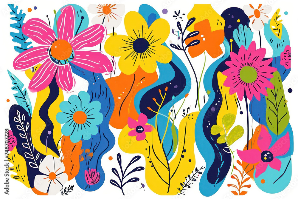 Obraz premium Vibrant and Colorful Floral Arrangement with Blue, Pink, Yellow and Orange Flowers and Leaves on White Background