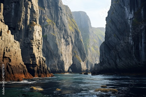 Jagged High Cliffs in Picturesque Sea Bay: A Beautiful Rock Formation with a Shallow Ocean View