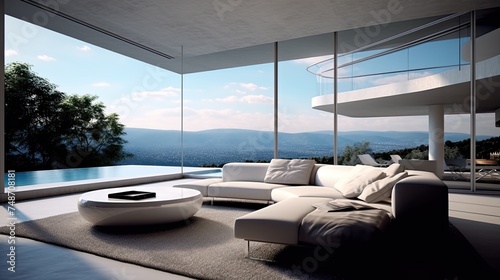Modern House Interior Design. Luxury Living Room with Stunning View of Cityscape Through Floor-to-Ceiling Glasses © Serhii