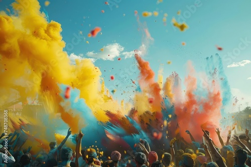 A crowd joyously throws colorful powders into the air creating a mesmerizing explosion of hues during the Festival of Colors. The jubilation and unity as people revel in the spirit of the celebration.