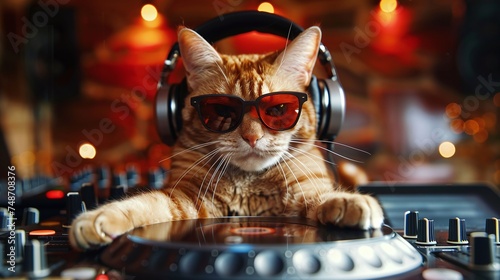 cool cat with ginger fur and trendy sunglasses and headphones, taking on the role of a DJ disc jockey to rock the party with energetic music