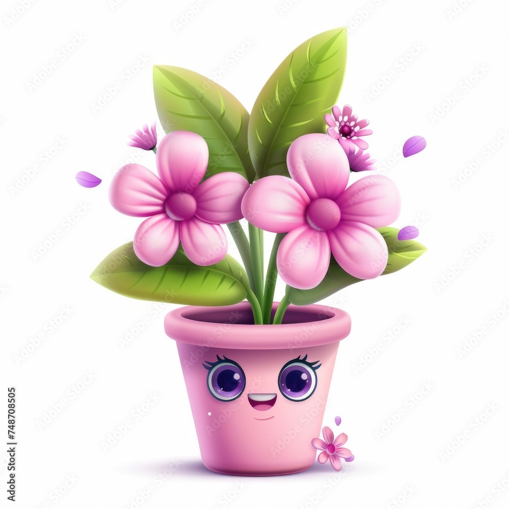 Cute, indoor plant with pink flowers, in a pot with eyes, kawaii character , style, 3d, on a white background, illustration. Cute, indoor plant with pink flowers, in a pot with eyes, kawaii character , style, 3d, on a white background, illustration.