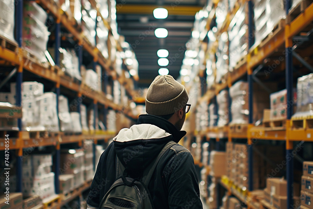 warehouse shelves with boxes, worker in warehouse, warehouse, warehouse workers in warehouse, person in a warehouse