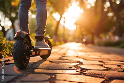 Golden hour eco-friendly urban commutes on an electric scooter