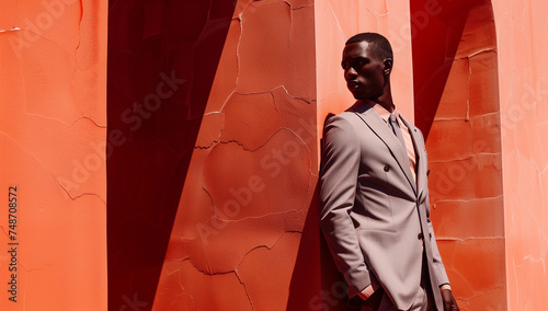 businessman in a suit posing against the background of a peach fuzz colored wall 2024