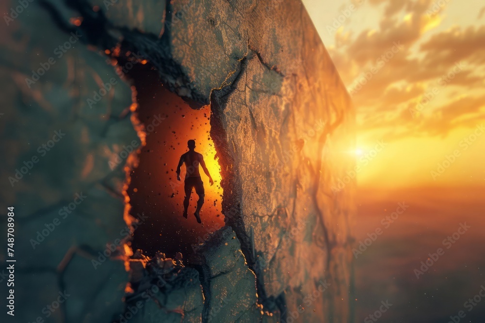 A person breaks through a symbolic wall that represents their limitations. The image captures the moment of courage and triumph, with the individual bathed in a metaphorical light of newfound strength - obrazy, fototapety, plakaty 