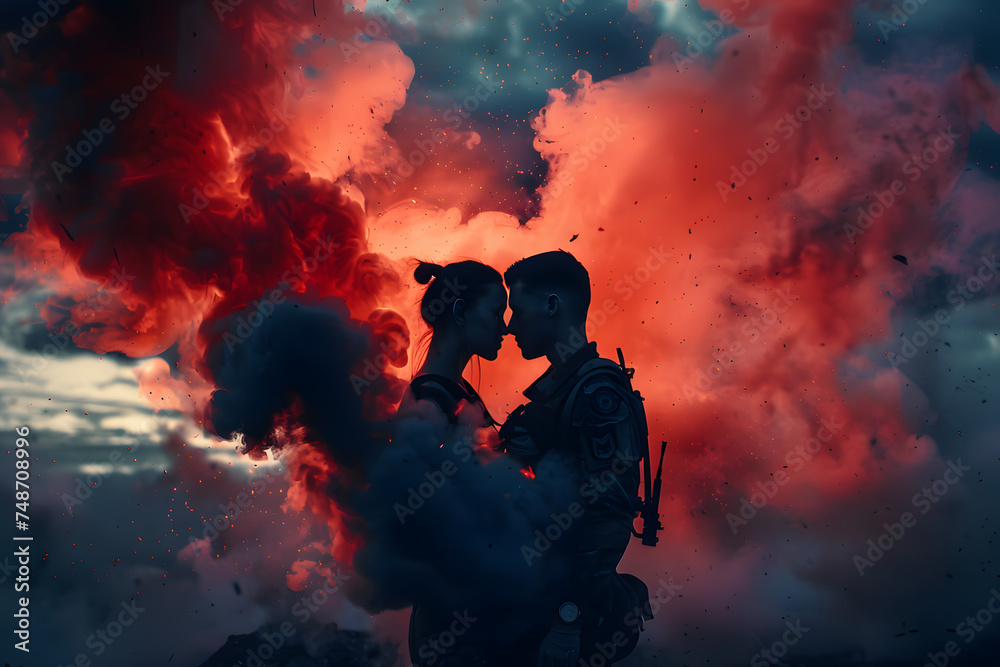 soldier kissing his wife, in the midst of red and gray smoke