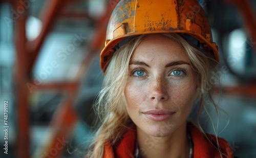 Woman working in heavy industry, portrait of a female professional engineer wearing safety hardhat