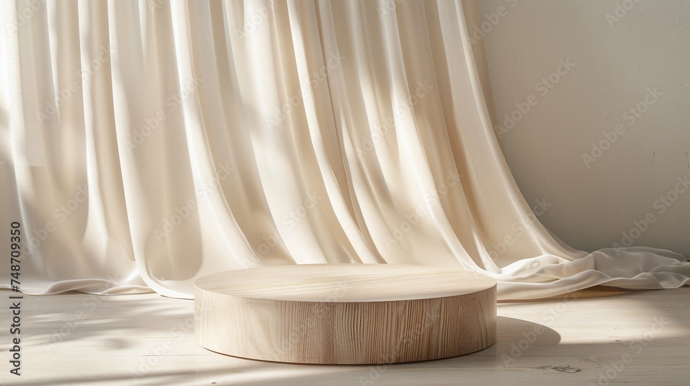soft white blowing drapery curtain drapes in sunlight for luxury cosmetic skincare beauty treatment fashion product display background with empty modern round wooden podium side table soft white blowing drapery curtain drapes in sunlight for luxury cosmetic skincare beauty treatment fashion product display background with empty modern round wooden podium side table