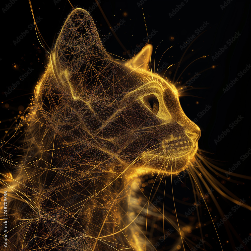 Realistic hologram of a transparent cat. Glowing gold color with a pure radiance.