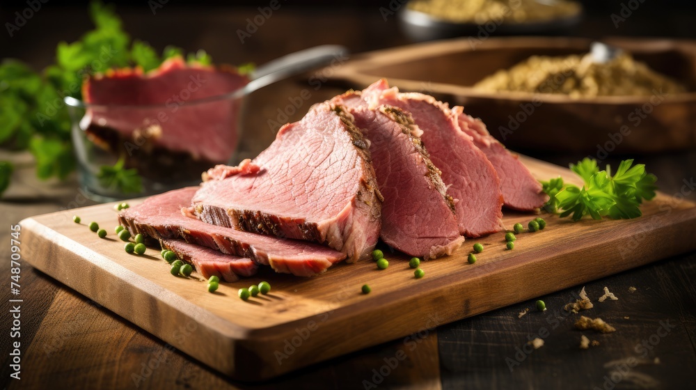 Corned beef cooked and sliced on a cutting board