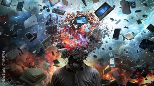 excessive media bombardment leads to explosion of information data in young human brain, maximalism, news, social media addiction photo