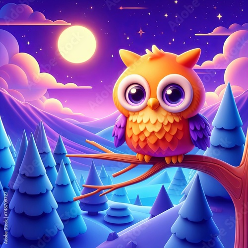 Fantastic nighttime scene of an owl on a tree branch with a background landscape including sky and mountains     Cartoon illustration with 3D style