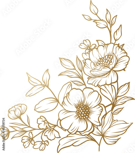 Floral border. Corner decoration with golden flowers, branches and leaves in line art style. Vector illustration for card, banner, invitation, advertising and packaging