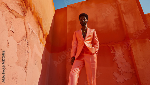 african american man in a peach fuzz suit posing