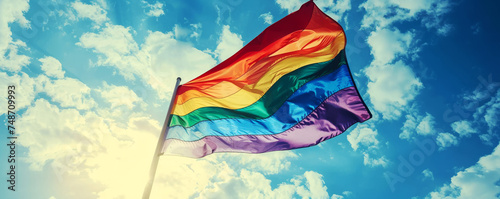 Rainbow Pride Flag Waving in the Sky. Vibrant rainbow flag flutters against a backdrop of blue sky and clouds.