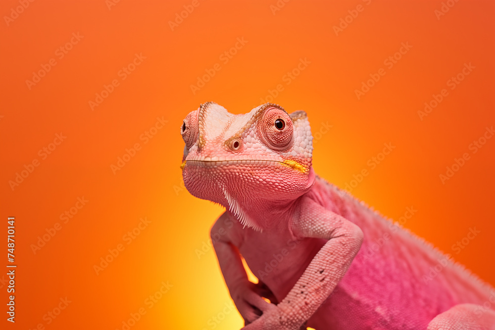 pink and peach chameleon on orange background, fashionable color 2024