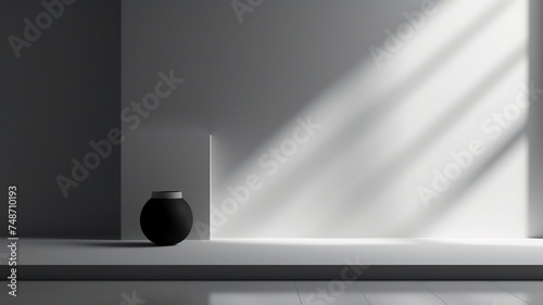 Black Vase on White Pedestal in Sunlit Room
